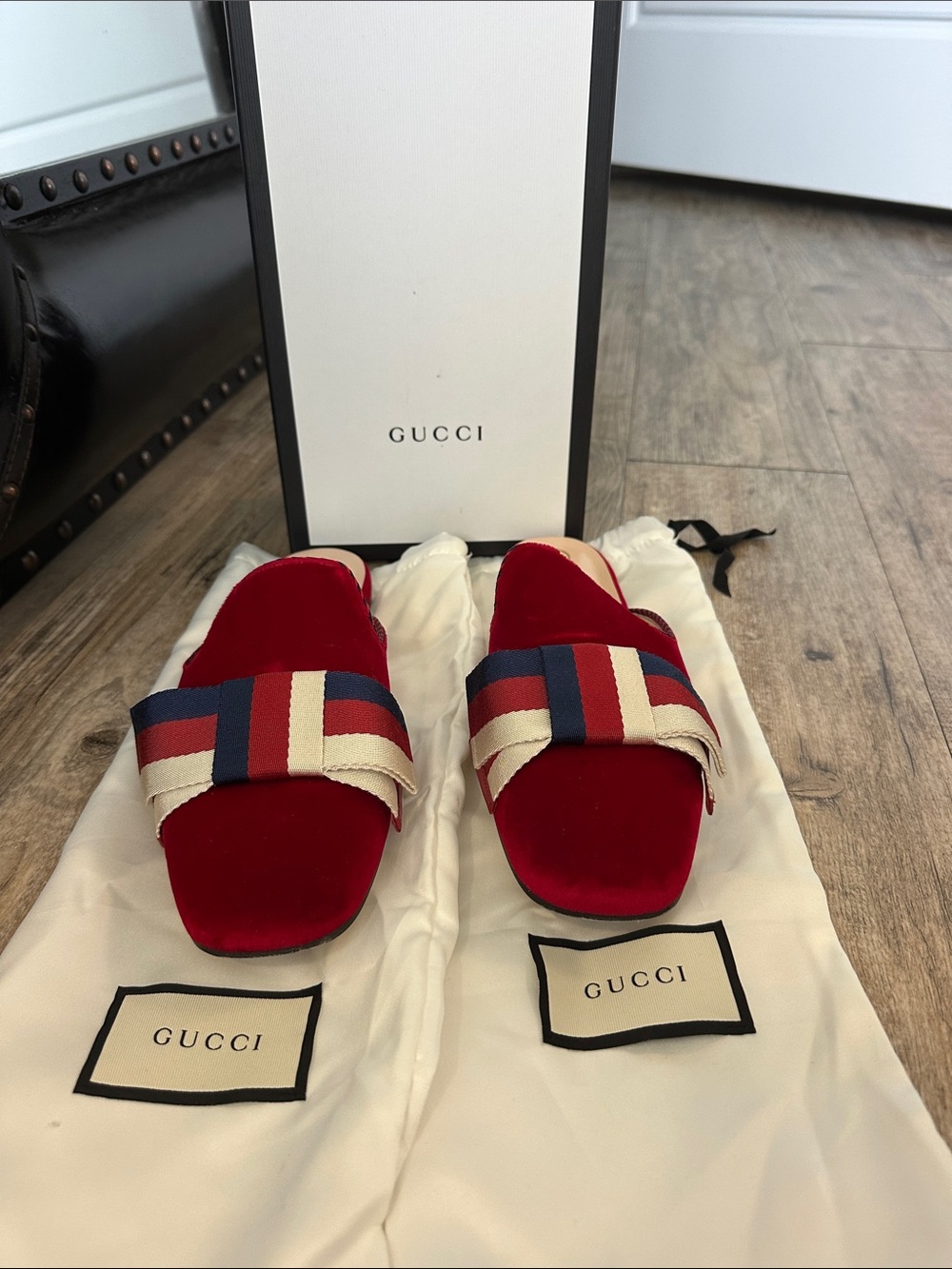 Gucci Red Velvet Slide Mules with Blue and Cream Webbing